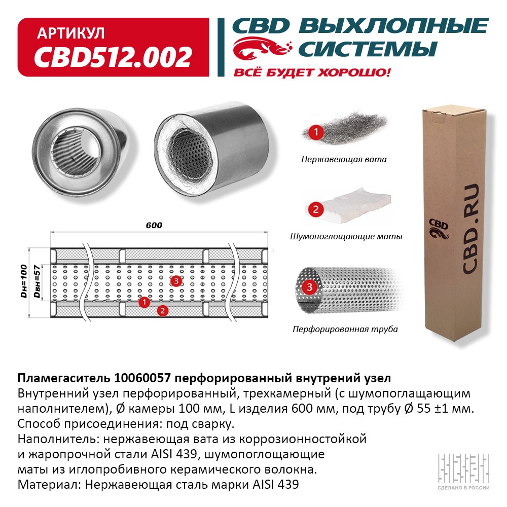 Пламегаситель перфорированный внутренний узел нерж.сталь 100 х 600 х 57 - CBD CBD512002
