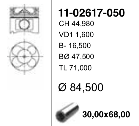 84,50 mm Поршень + палец без колец - YENMAK 11-02617-050