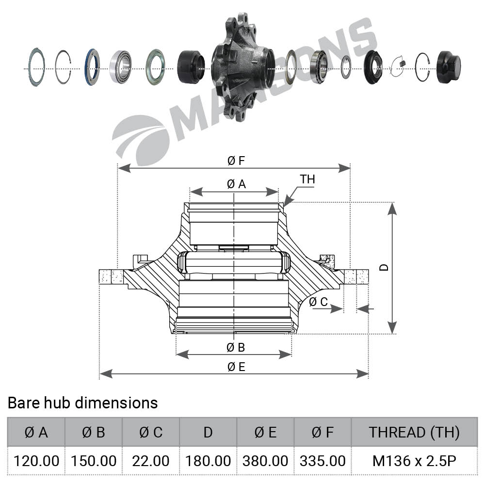 Ступица колеса BPW 12 т. о.н.03.272.43.10.0 без подшипников (m2200800) - Mansons 300368