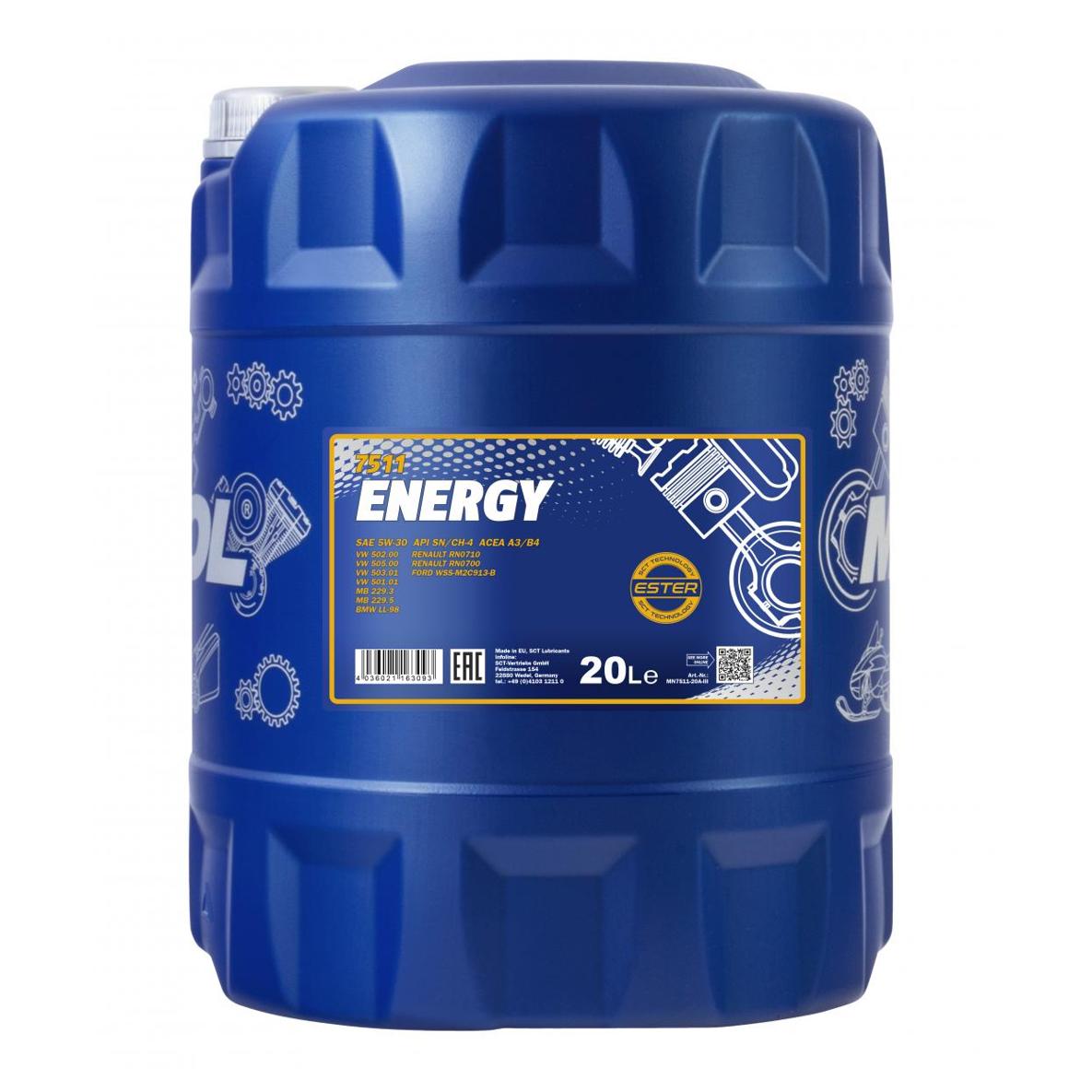 7511 energy 5w30 20 л. Синтетическое моторное масло 5w-30 - Mannol MN751120
