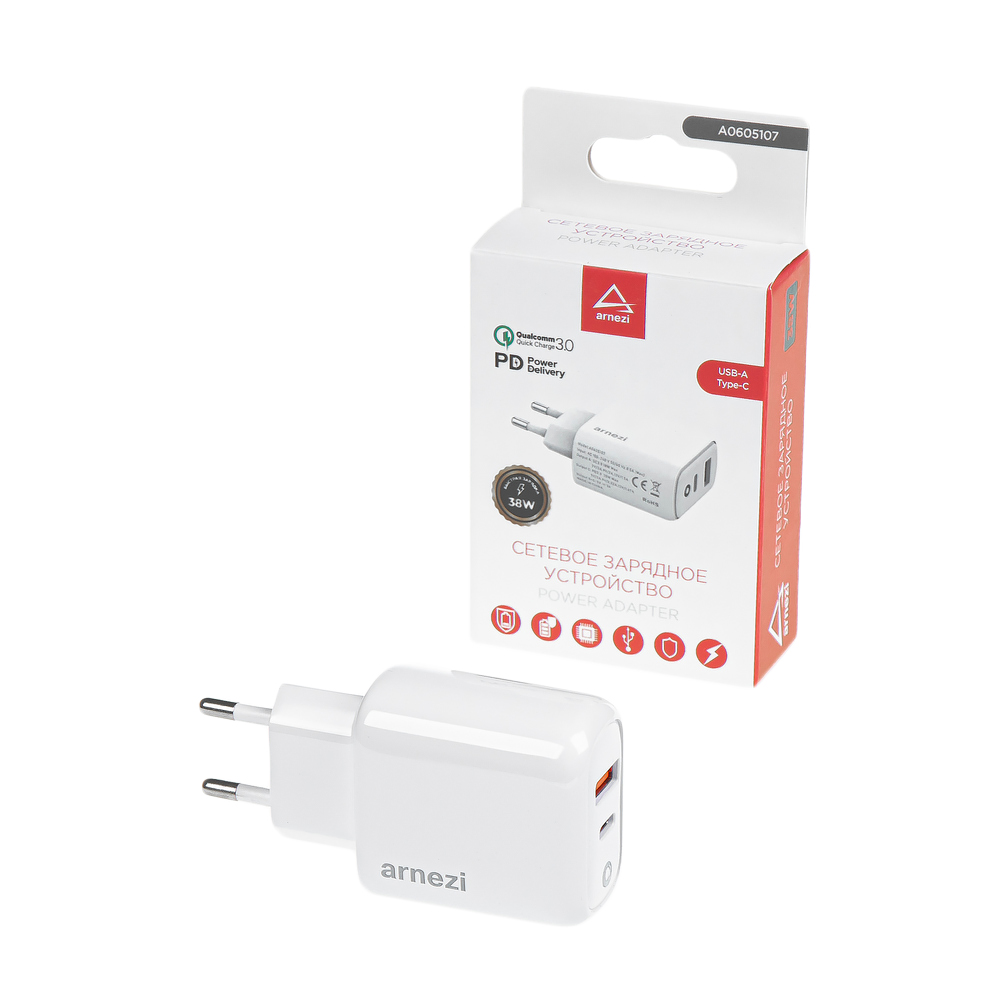 Сетевое зарядное устройство 38W usb-a (qc3.0), Type-C (pd3.0) - ARNEZI A0605107