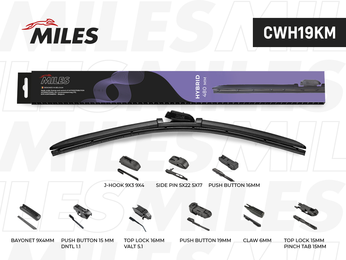 Щётка стеклоочистителя 480 мм (19) гибридная (9 адаптеров) - Miles CWH19KM