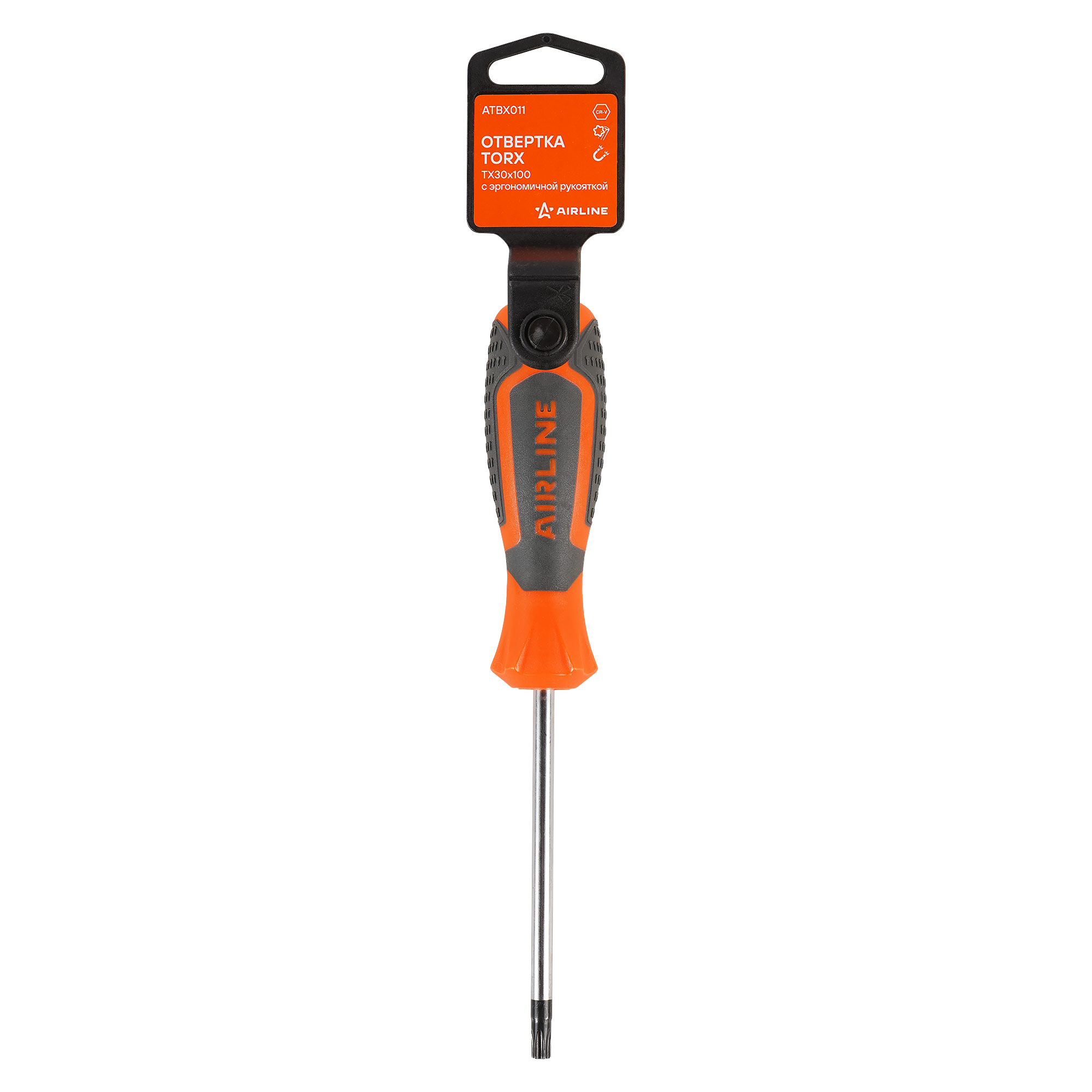 Отвертка torx TX30x100 с эргономичной рукояткой магнитная, пласт.подвес - AIRLINE ATBX011