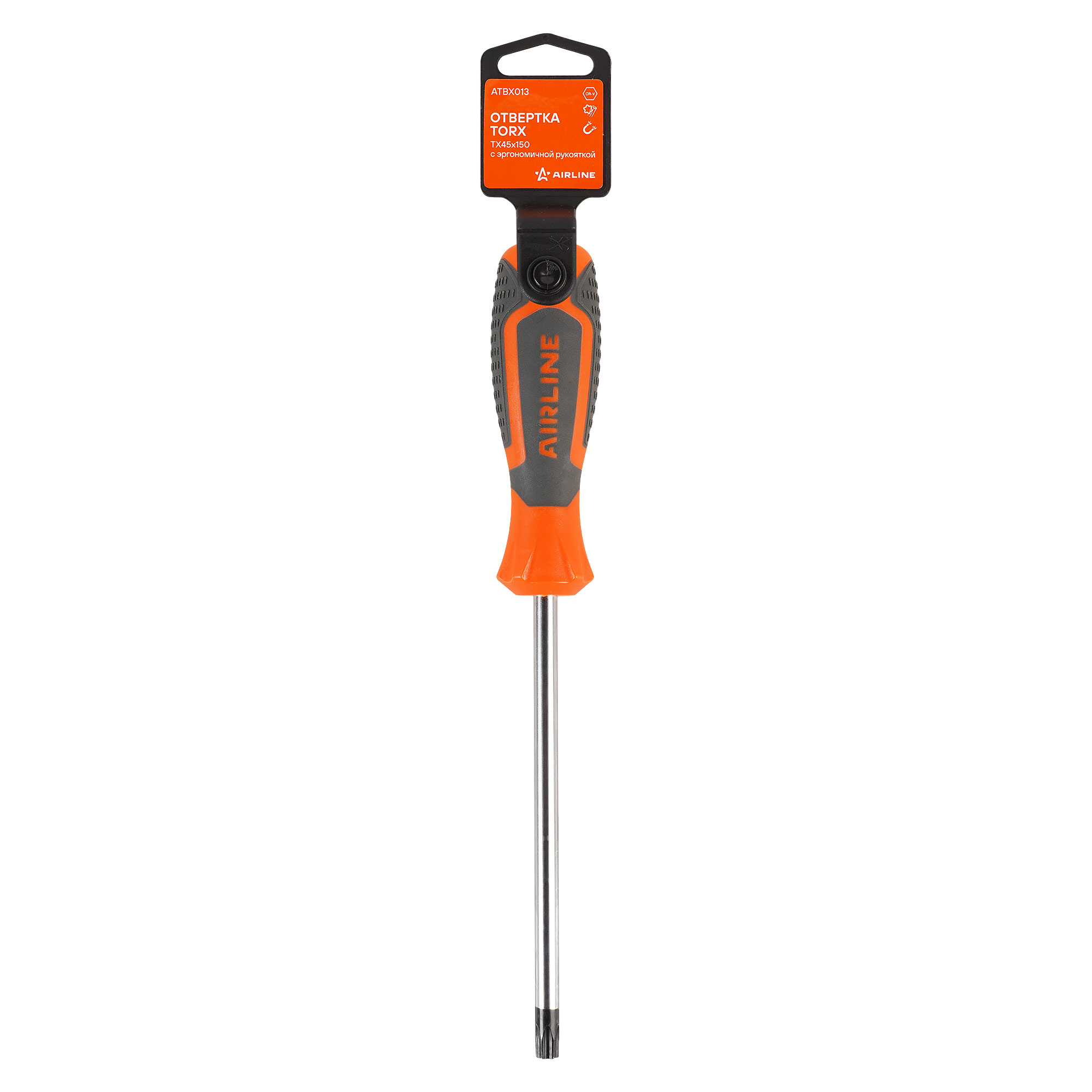 Отвертка torx TX45x150 с эргономичной рукояткой магнитная, пласт.подвес - AIRLINE ATBX013
