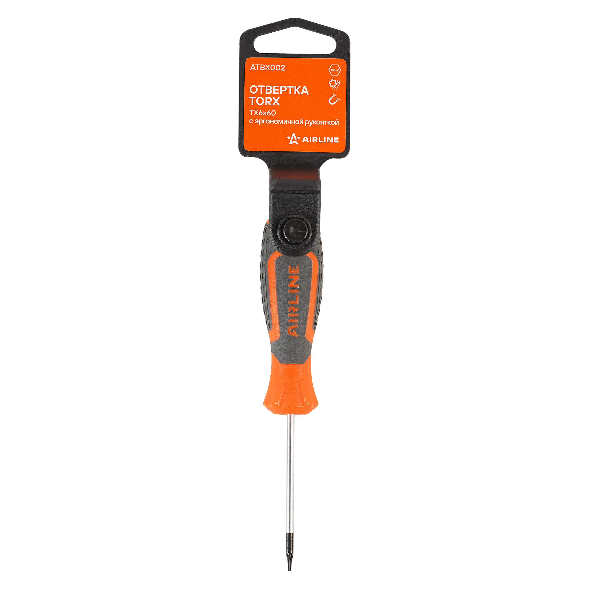 Отвертка torx TX6x60 с эргономичной рукояткой магнитная, пласт.подвес - AIRLINE ATBX002