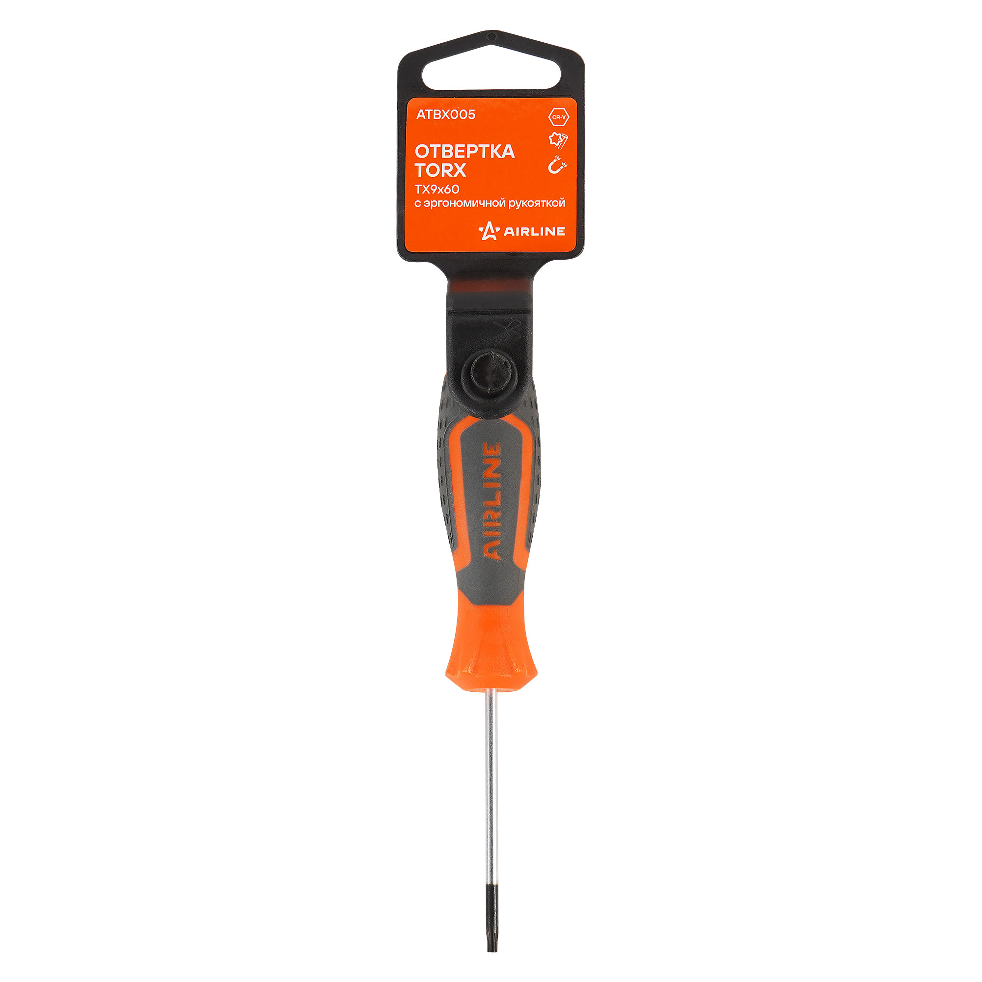 Отвертка torx TX9x60 с эргономичной рукояткой магнитная, пласт.подвес - AIRLINE ATBX005
