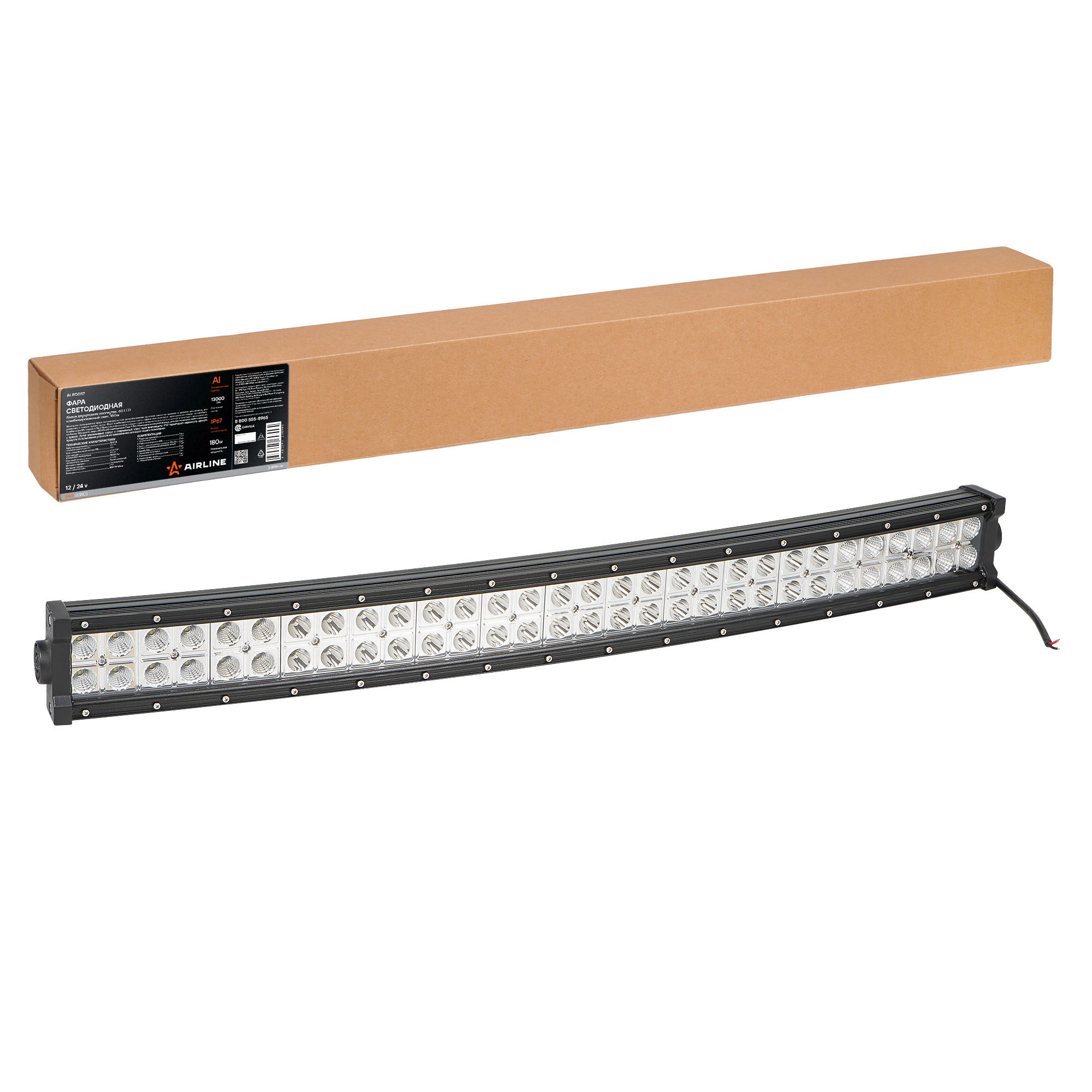 Фара светодиодная (балка) двухрядная изогн., 60led комбин.свет, 180w, (820х78х60) 12/24v - AIRLINE ALED057