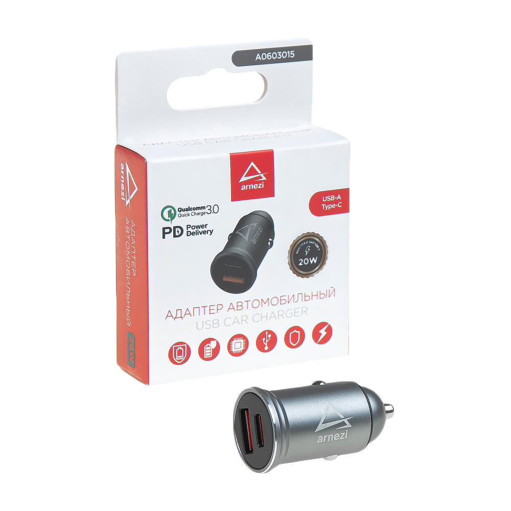 Адаптер автомобильный 20W usb-a (qc3.0) + Type-С (PD 3.0) 12-24v в прикуриватель - ARNEZI A0603015