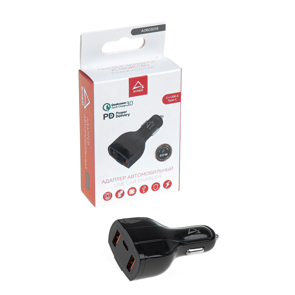 Адаптер автомобильный 40W 2хUSB-A 3.1а (qc3.0) + Type-С (PD 3.0) 12-24v в прикуриватель - ARNEZI A0603019