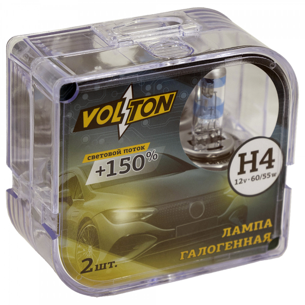 Лампа 12 в H4 60/55 Вт галогенная Р43t +150% (2 шт.) в упаковке - Volton VLT1506