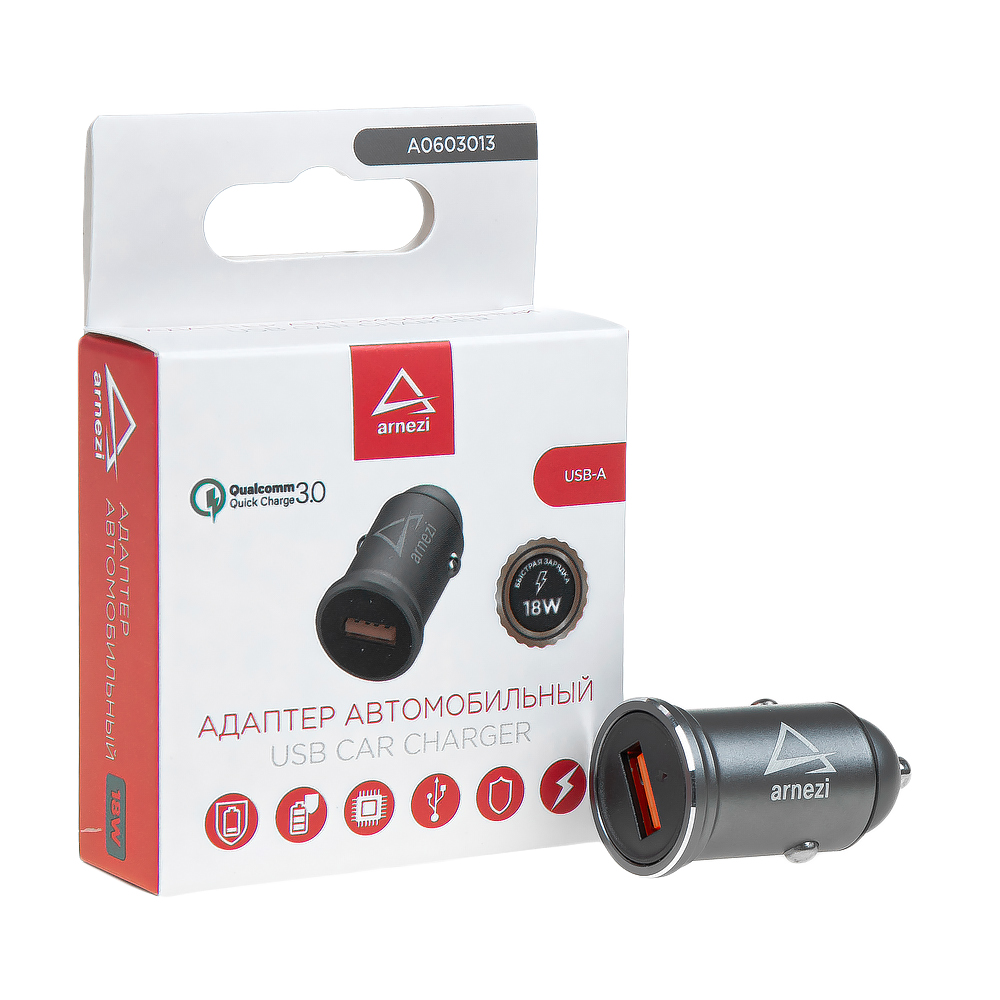 Адаптер автомобильный 18W usb-а (QC 3.0) 12-24v в прикуриватель - ARNEZI A0603013