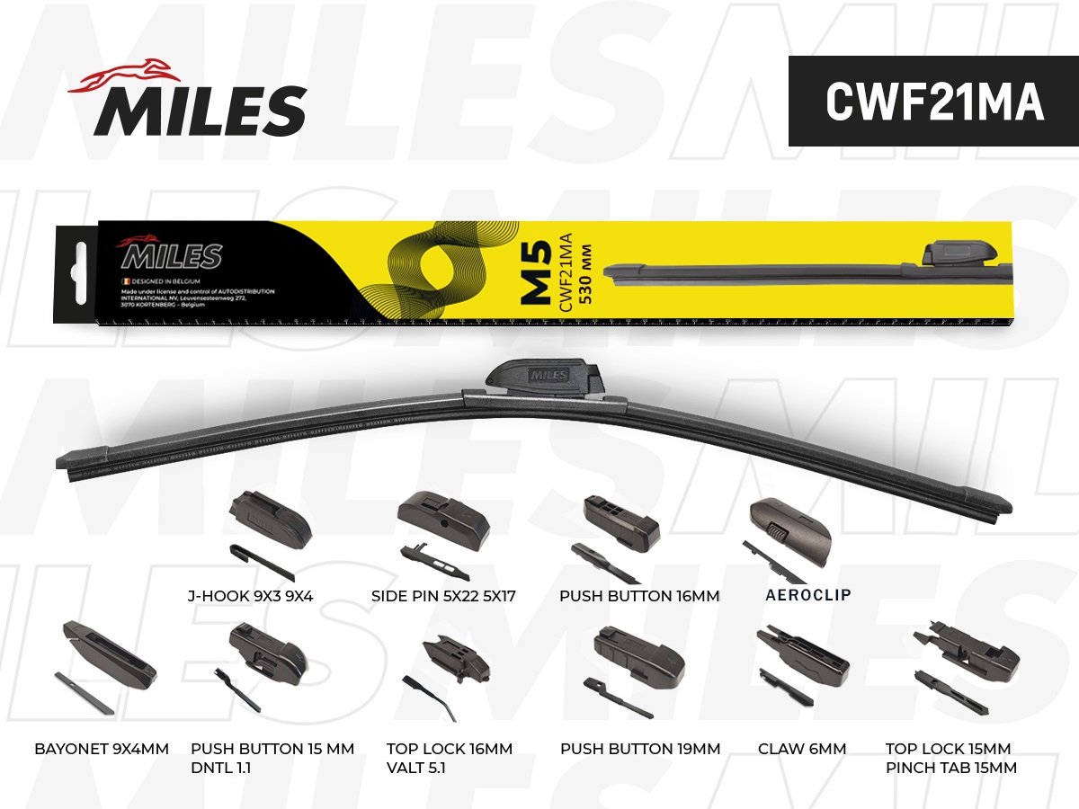 Щётка стеклоочистителя 530 мм (21) бескаркасная (10 адаптеров) - Miles CWF21MA