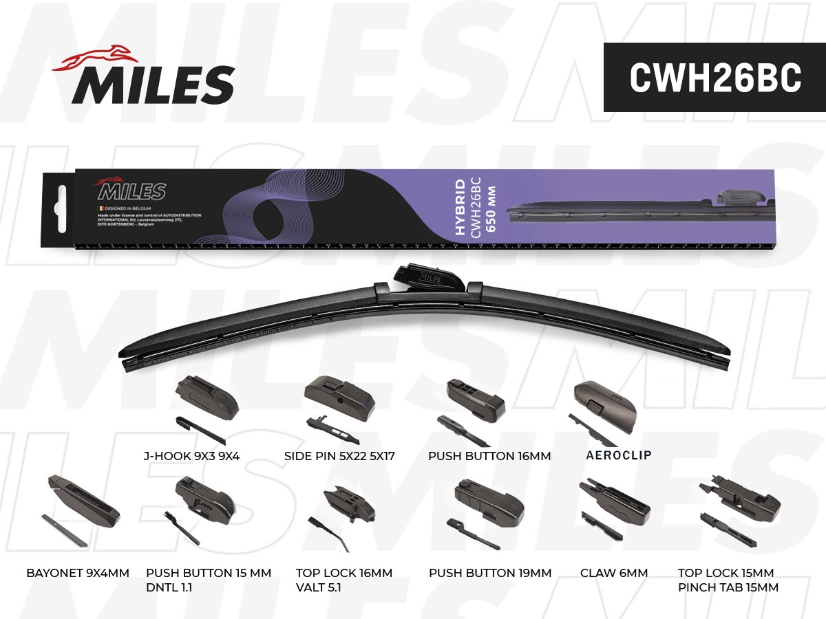 Щётка стеклоочистителя 650 мм (26) гибридная (10 адаптеров) - Miles CWH26BC