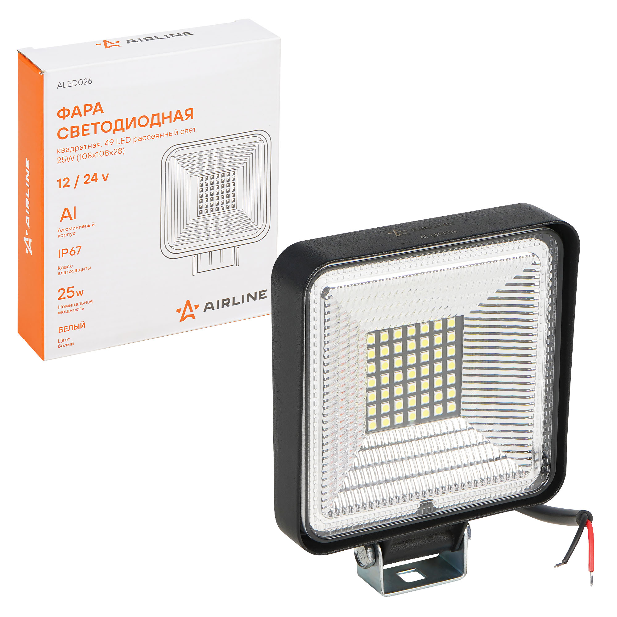 Фара светодиодная квадратная, 49led, рассеянный свет, 25Вт, 108х108х28мм, 12/24в, plus - AIRLINE ALED026