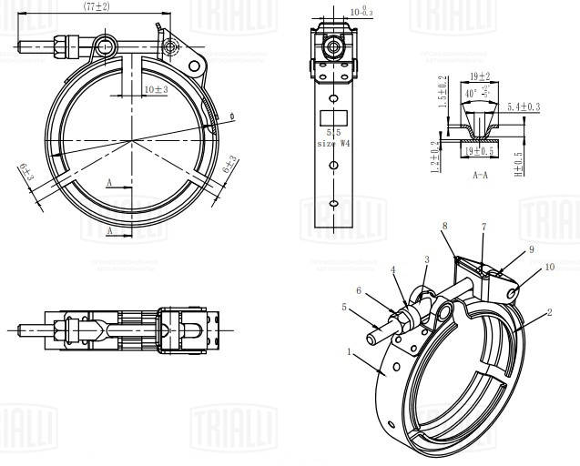 Хомут глушителя V-band быстросъемный с фланцами d=51 мм (нержавеющая сталь) - Trialli VC 51 SS