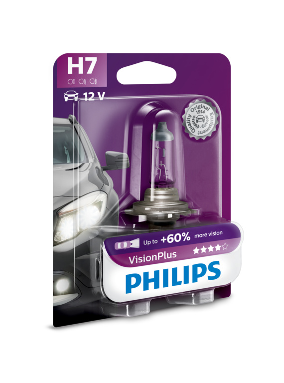 Лампа галогеновая H7 VisionPlus +60% 12V 55W PX26d B1 - Philips 12972VPB1