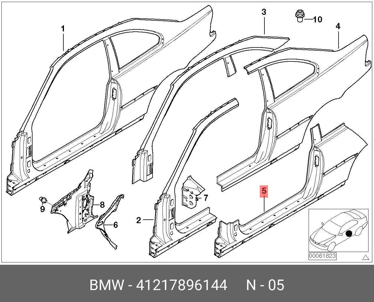 Центральная стойка с порогом п Е46 - BMW 41 21 7 896 144