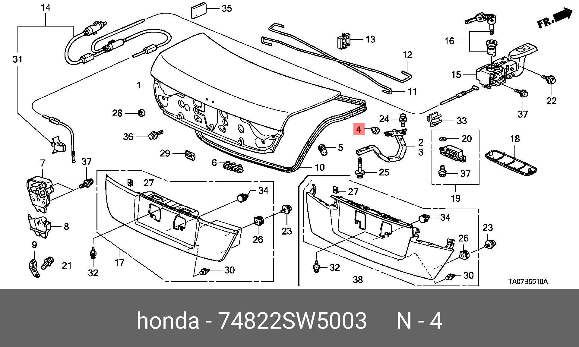 Упор крышки багажника - Honda 74822-SW5-003