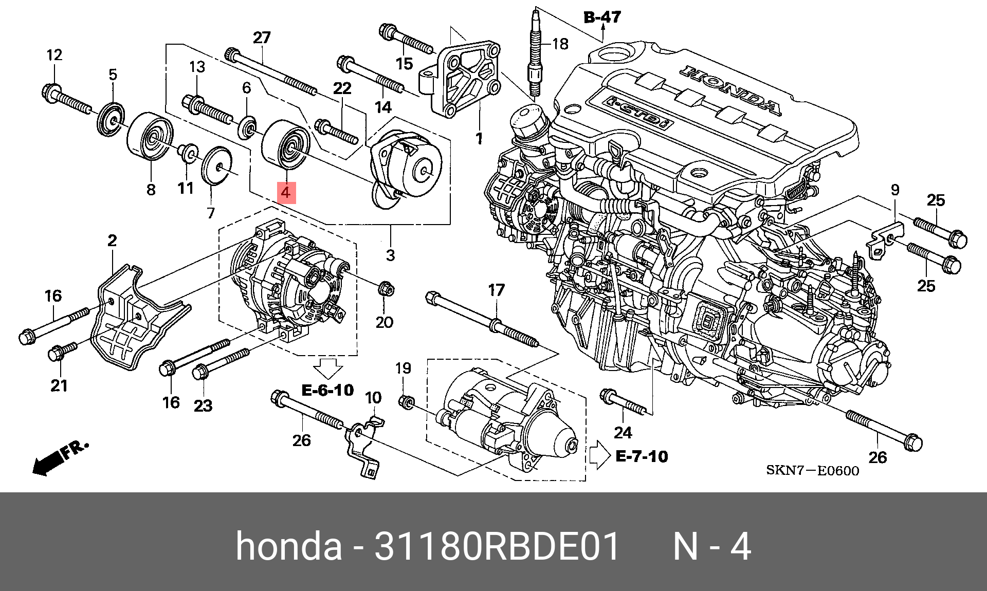 Ролик натяжителя приводного ремня - Honda 31180-RBD-E01