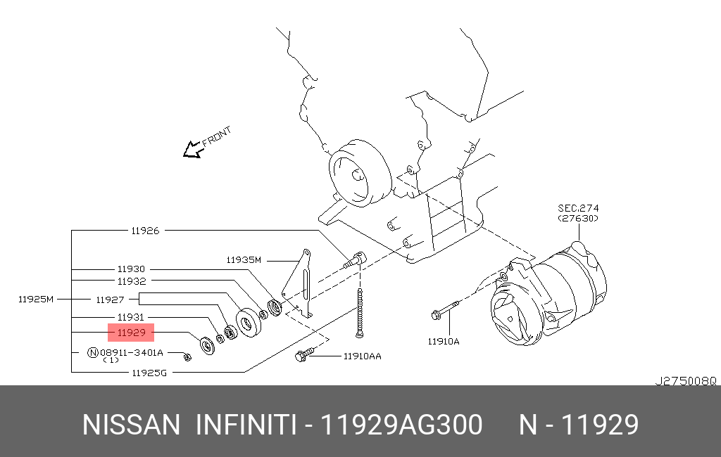 Ролик натяжной - Nissan 11929-AG300