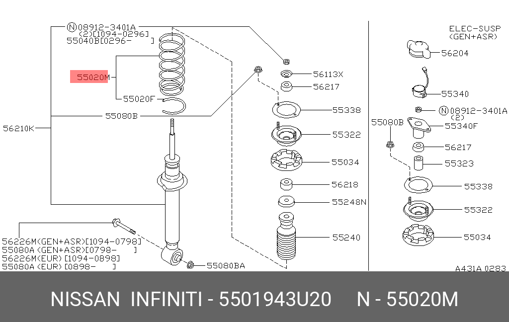 Пружина ходовой части | зад лев | - Nissan 55019-43U20