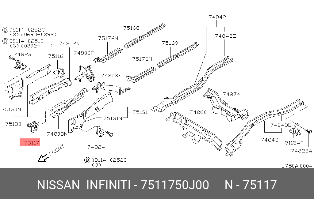 Левый кронштейн опоры двигателя - Nissan 75117-50J00
