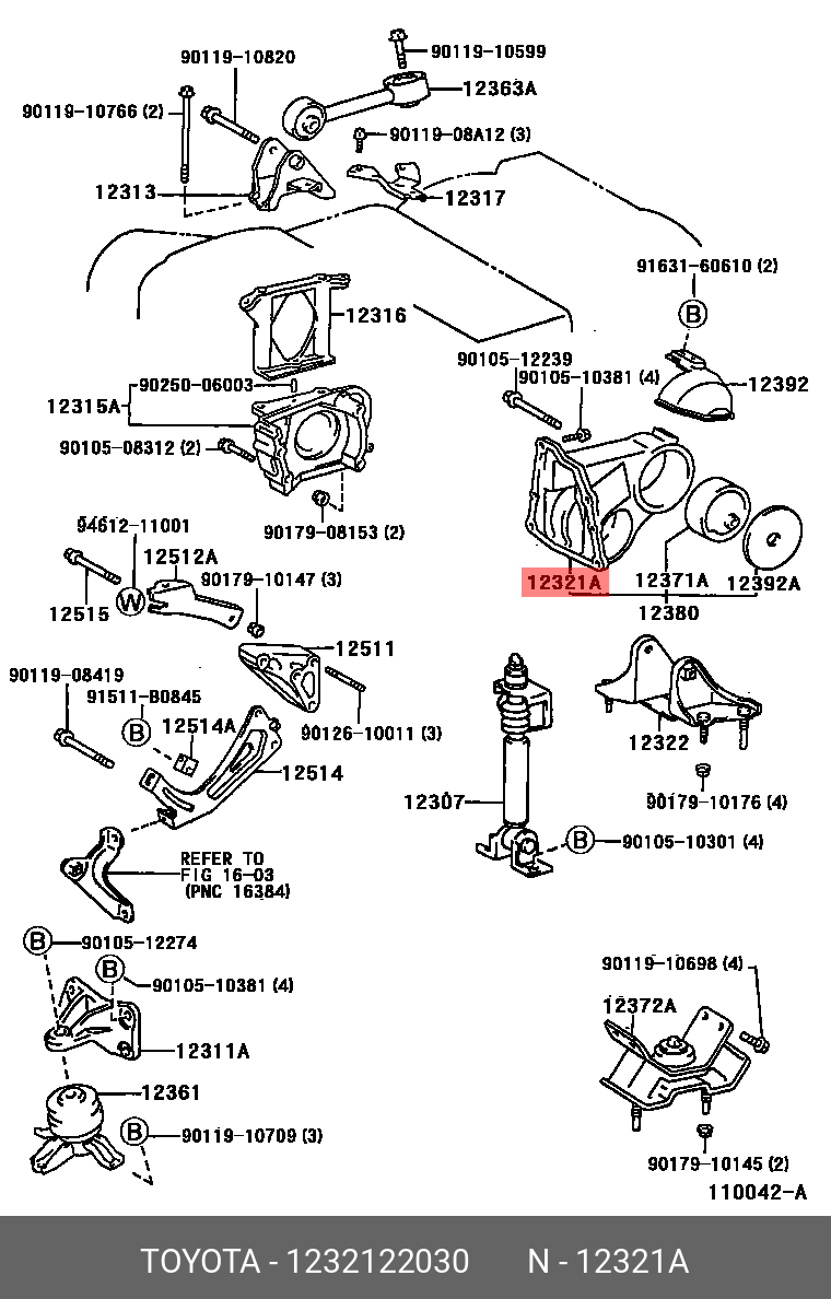 Опора двигателя задняя - Toyota 12321-22030