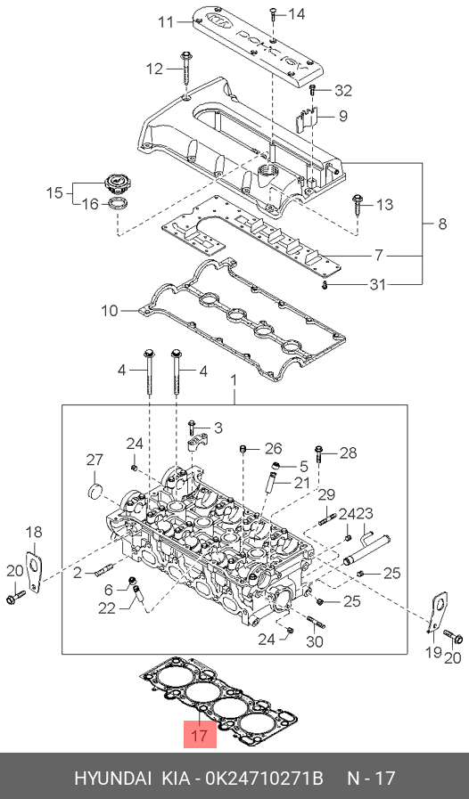 Прокладка головки блока цилиндров - Hyundai/Kia 0K24710271B