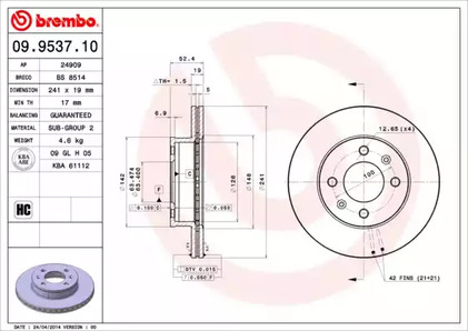 Диск тормозной Standard | перед | - Brembo 09.9537.10