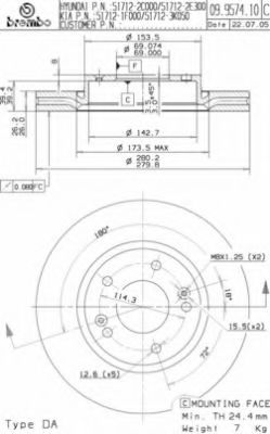 Снят, замена 09.9574.11 Диск тормозной Standard | перед | - Brembo 09.9574.10