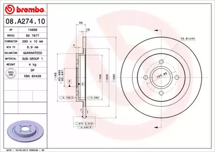 Диск тормозной Standard | зад | - Brembo 08.A274.10