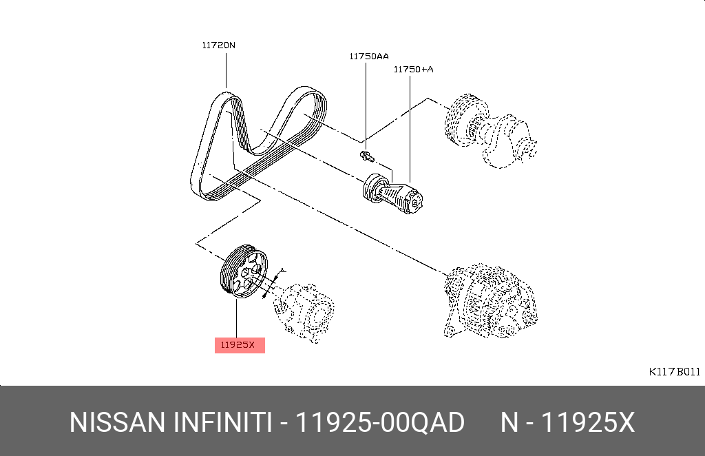 Ролик промежуточный навесного оборудования - Nissan 11925-00QAD