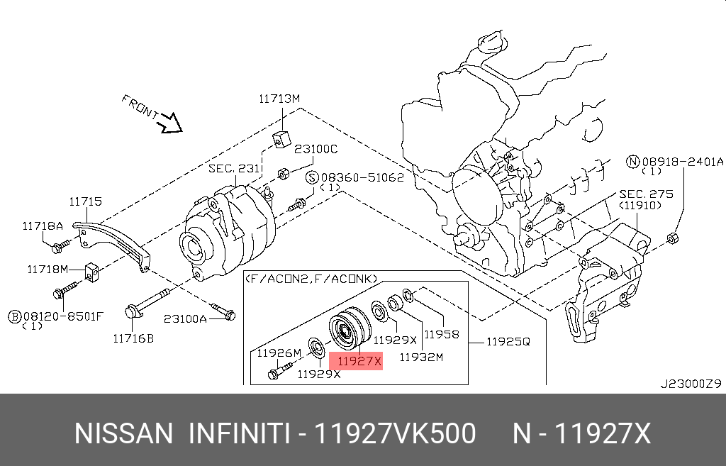 Ролик натяжителя ремня - Nissan 11927-VK500