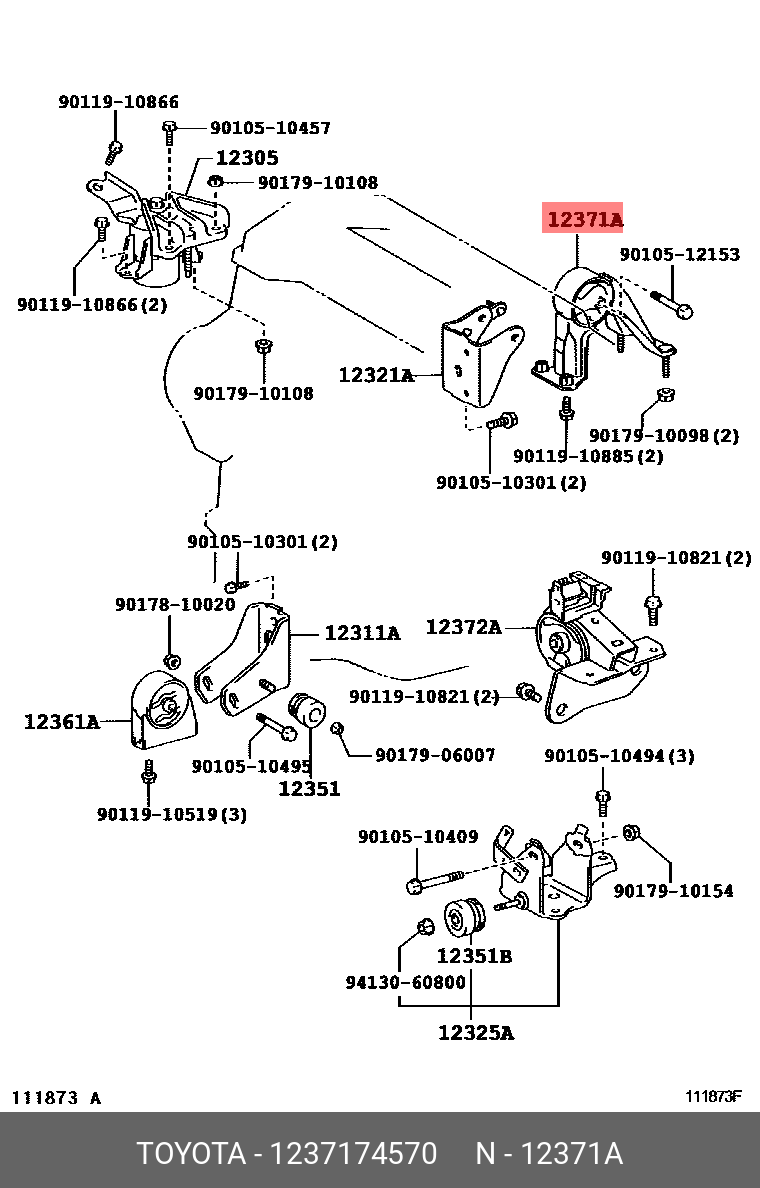 Подушка двигателя | зад | - Toyota 12371-74570