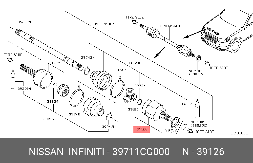 Шрус внутренний | перед прав | - Nissan 39711-CG000