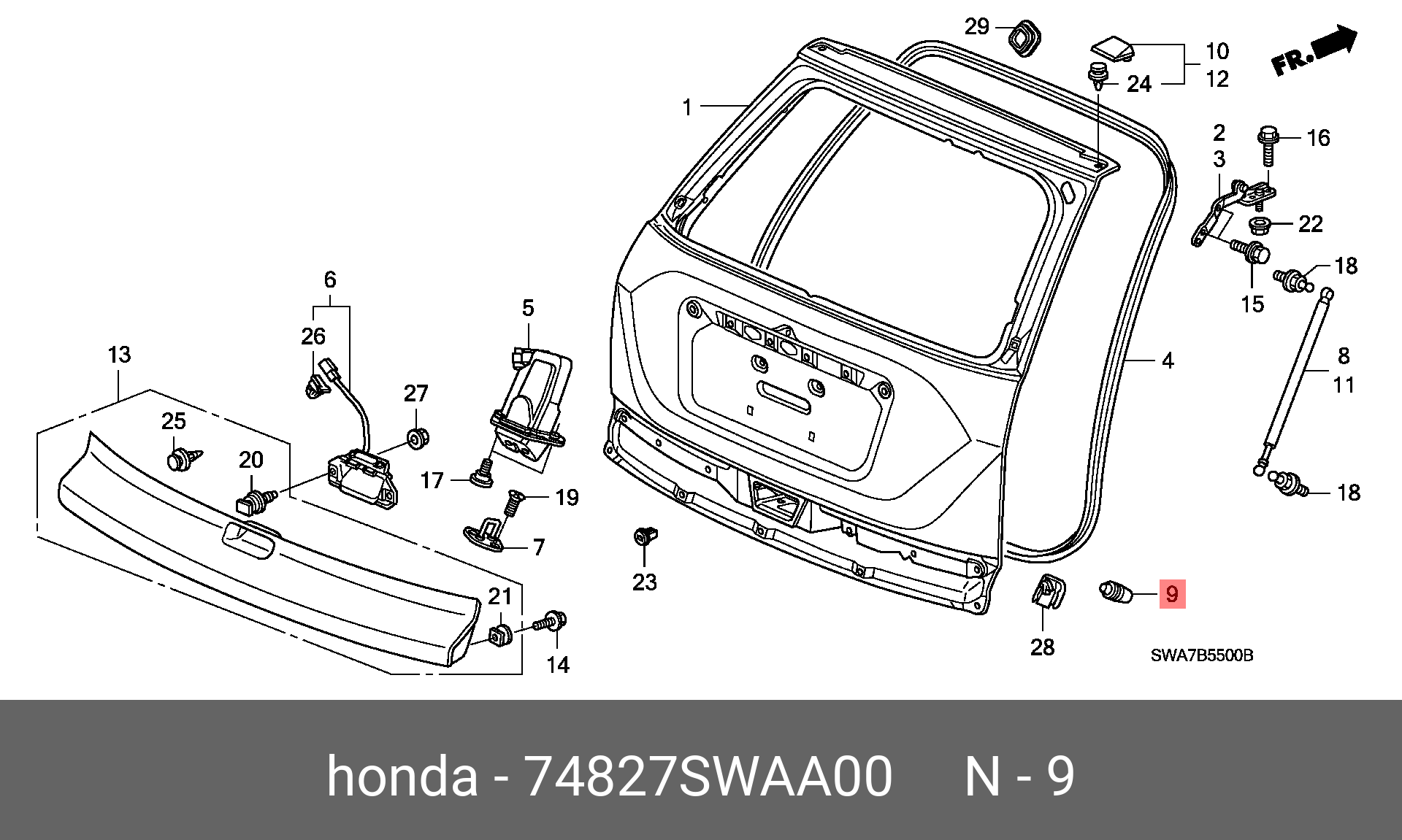 Упор крышки багажника - Honda 74827-SWA-A00
