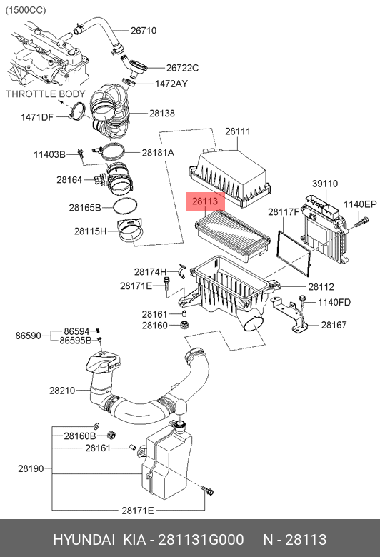 Сменный фильтрующий бумажный элемент для воздушного фильтра двигателя - Hyundai/Kia 281131G000