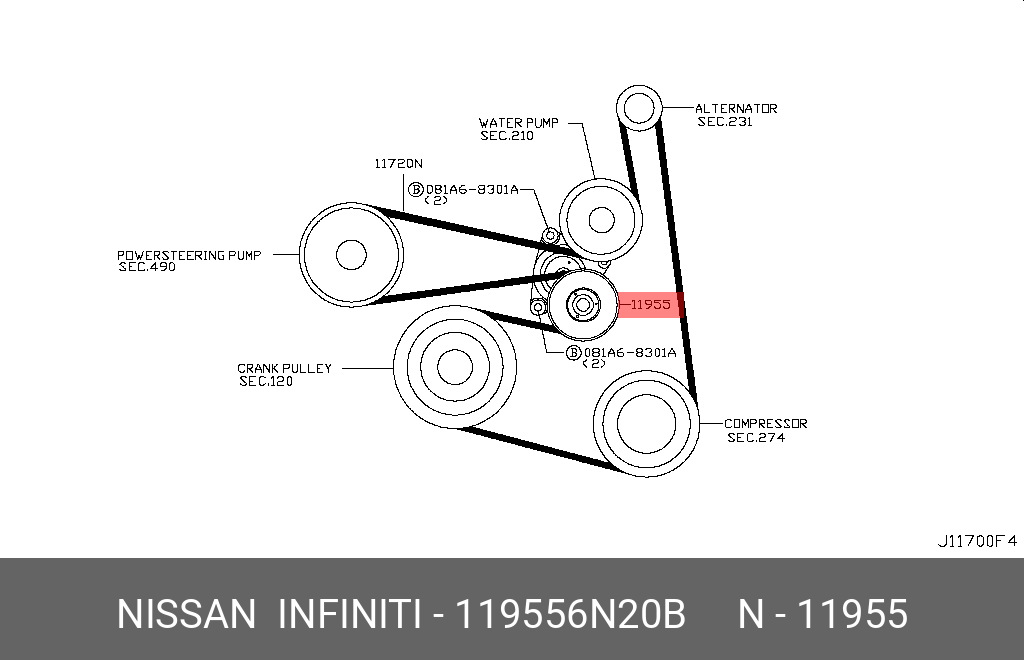 Ролик натяжной приводного ремня - Nissan 119556N20B