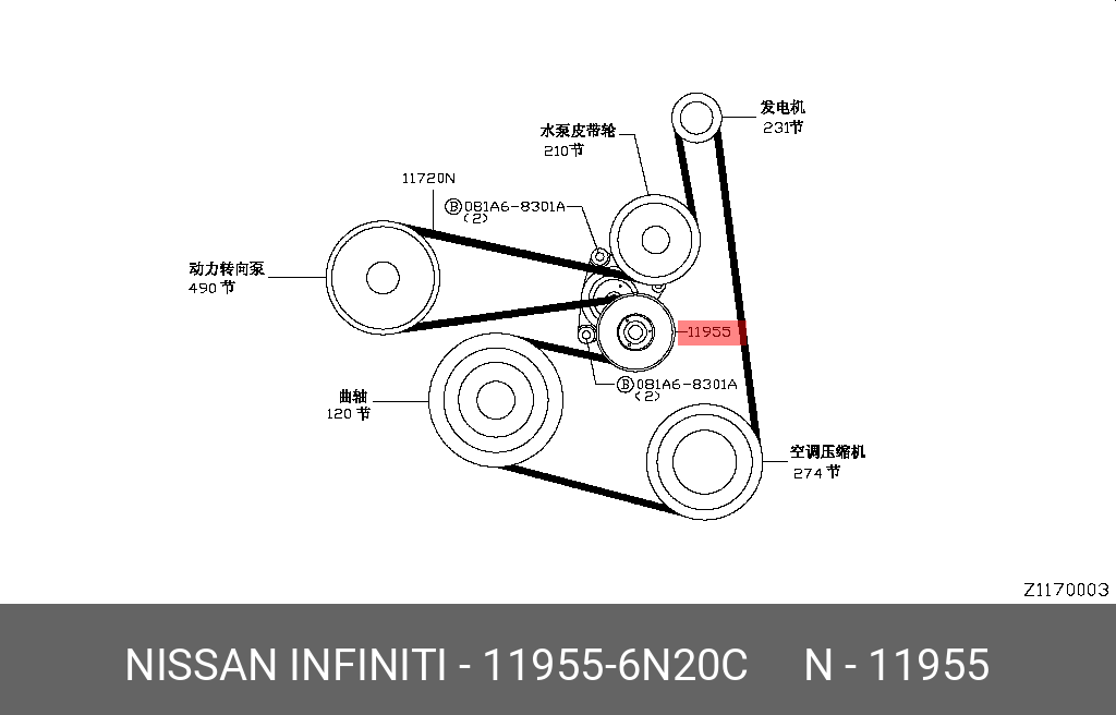 Ролик натяжной приводного ремня - Nissan 119556N20C