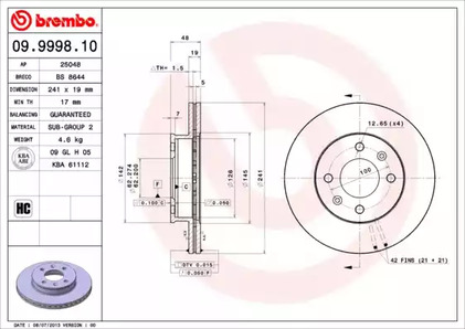 Диск тормозной Standard | перед | - Brembo 09.9998.10