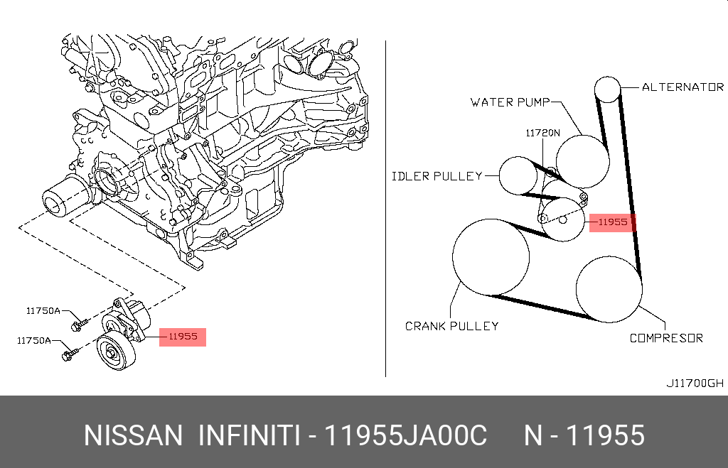 Ролик натяжной приводного ремня - Nissan 11955JA00C