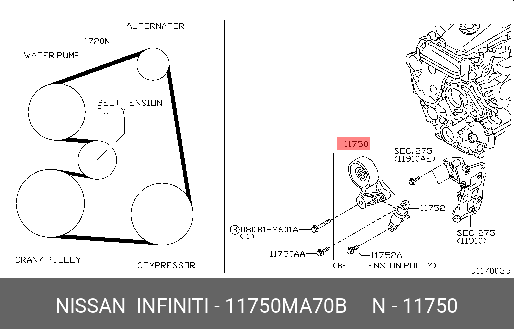 Ролик натяжной - Nissan 11750-MA70B