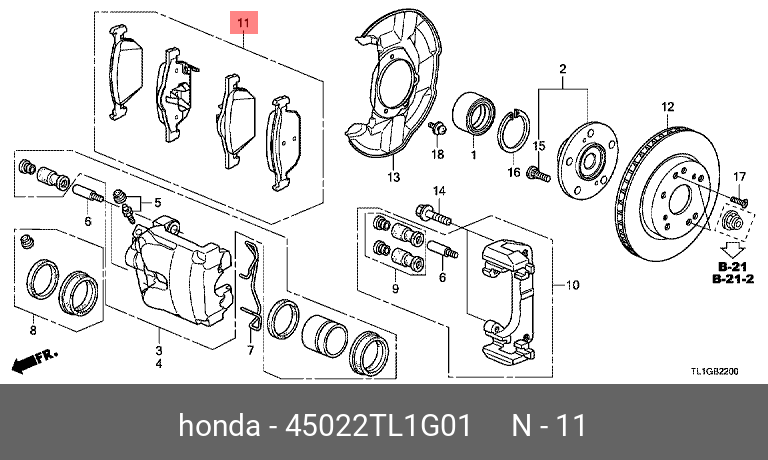 Колодки тормозные дисковые | перед прав/лев | - Honda 45022-TL1-G01