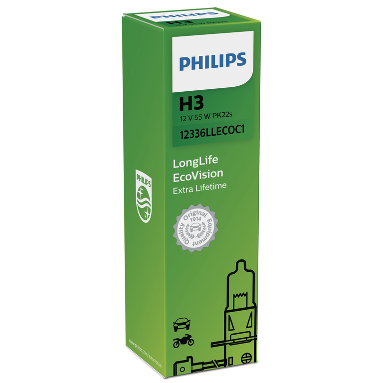 Лампа H3 LongLife EcoVision 12V 55W PK22s CP - Philips 12336LLECOC1