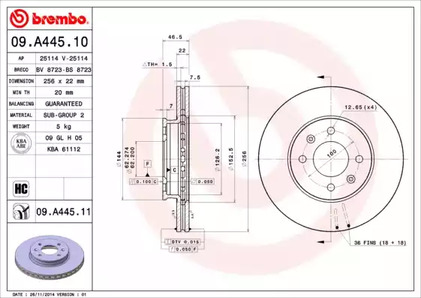 Снят, замена 09.a445.11 Диск тормозной Standard | перед | - Brembo 09.A445.10