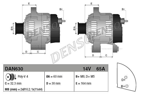 Снят с производства Генератор 14V 65A - Denso DAN630