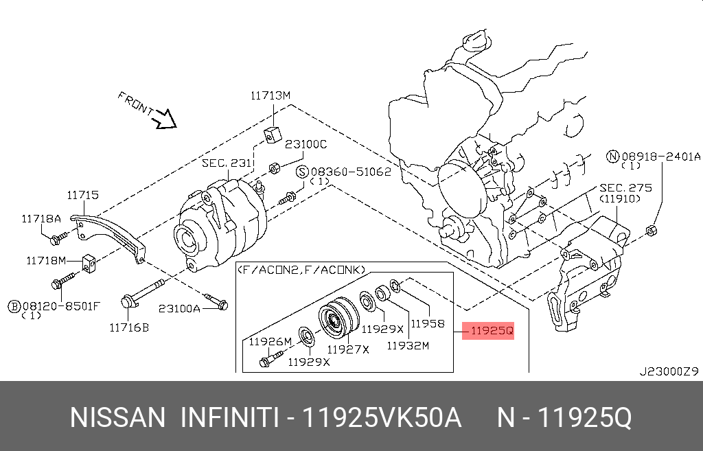 Ролик натяжной навесного оборудования - Nissan 11925-VK50A