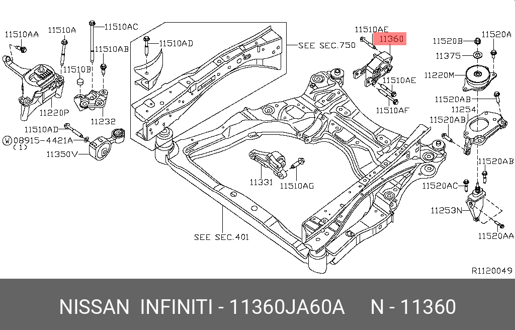 Опора КПП задняя J32 4x4 - Nissan 11360-JA60A