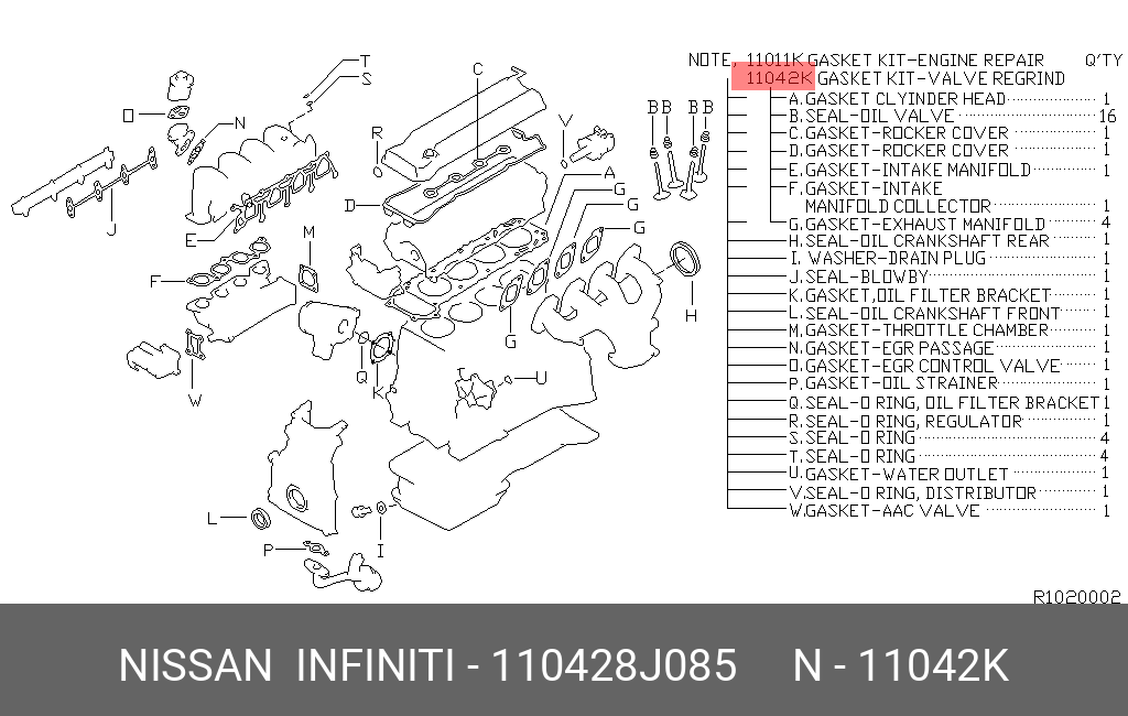 Комплект прокладок головки блока цилиндров - Nissan 11042-8J085