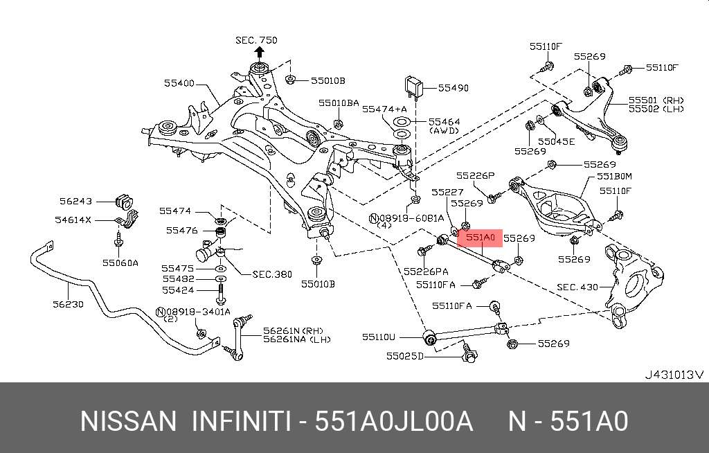 Сайлентблок рычага подвески | зад | - Nissan 551A0-JL00A